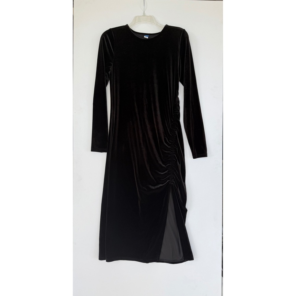 Fairy Goth Dark Romantic Old Navy Black Ruched Velvet front slit Dress Women's M